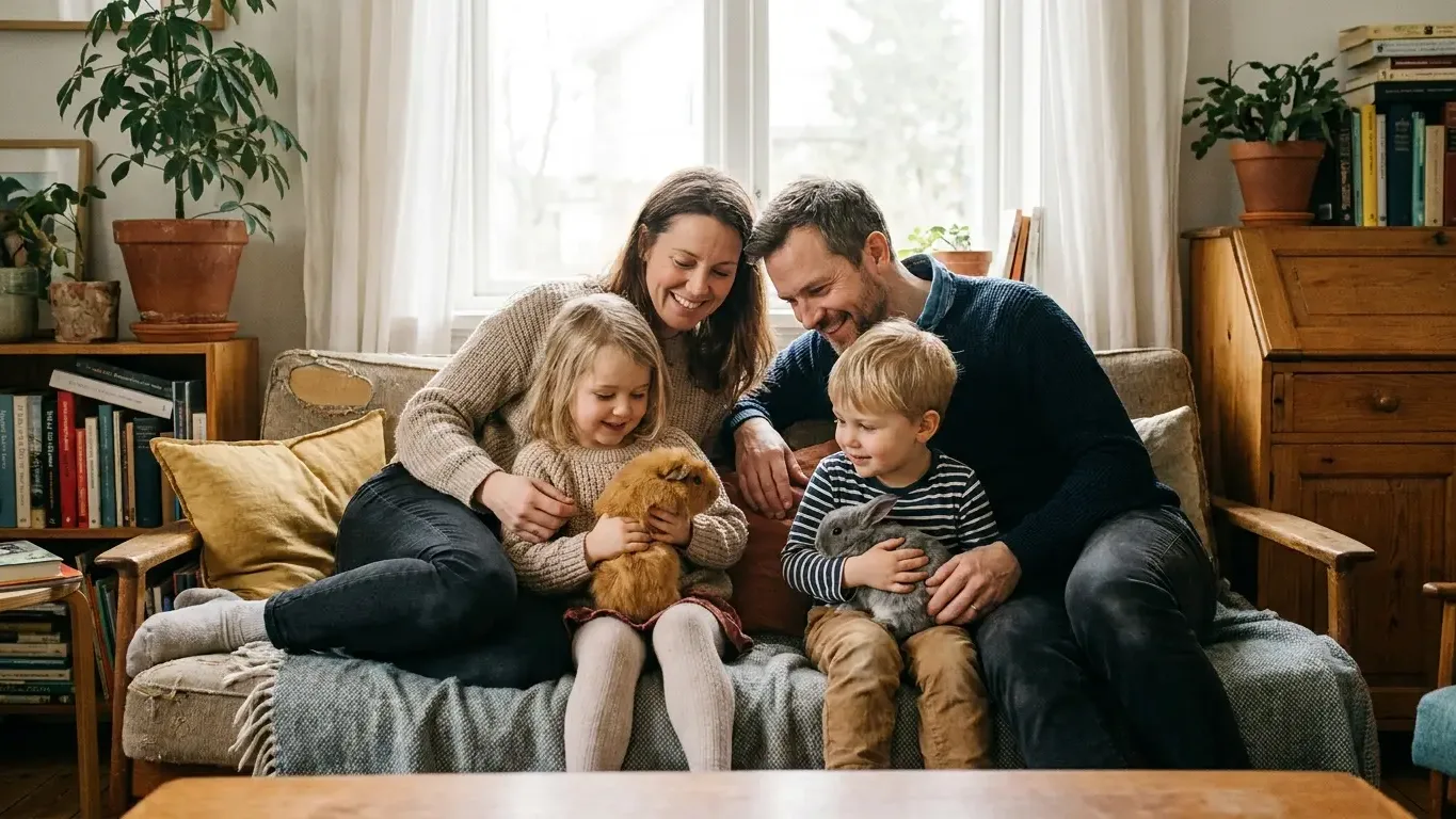 Famille avec un cochon d’Inde et un lapin, animaux de compagnie heureux