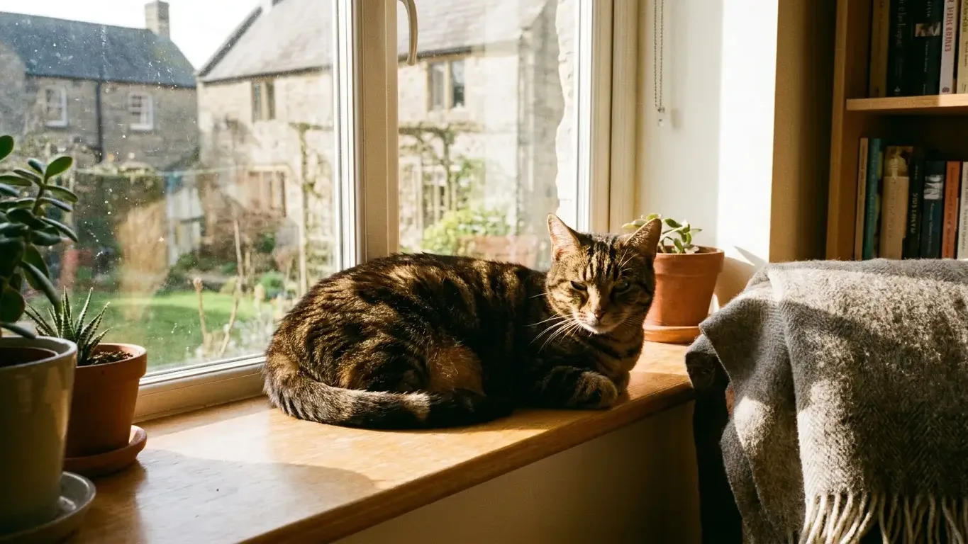 Chat en bonne santé installé sur un rebord de fenêtre