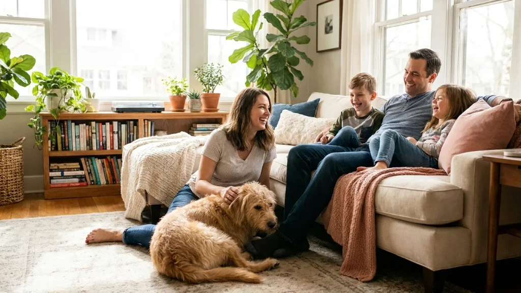 Famille heureuse avec son chien à la maison