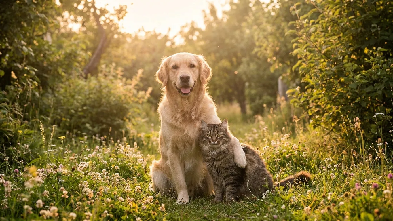Chien et chat heureux en extérieur, garanties assurance animal