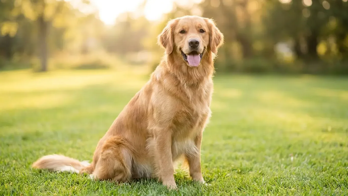 Chien de race en bonne santé assis dans l'herbe