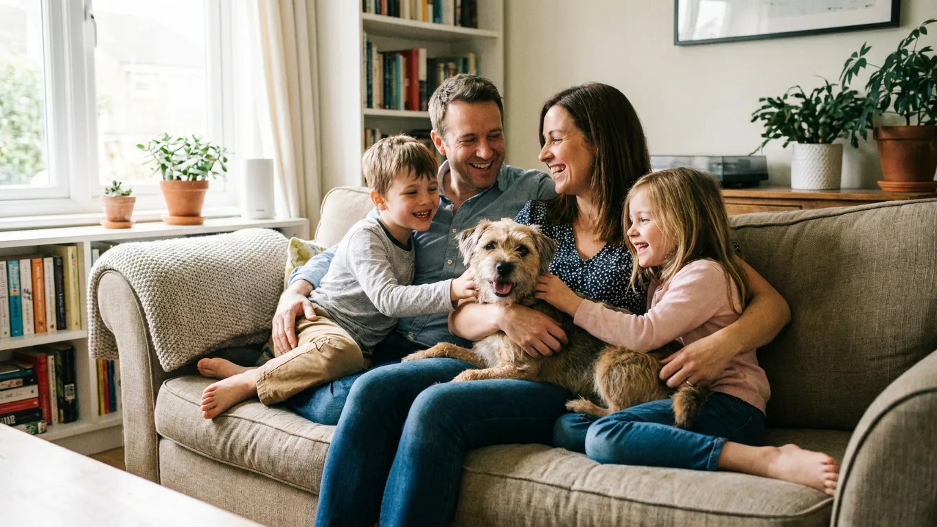 Famille avec son animal de compagnie assuré à la maison