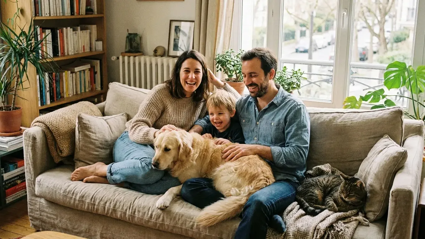 Famille heureuse avec son chien et son chat