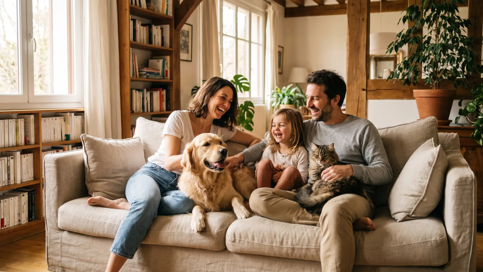 Famille avec son chien et son chat à la maison, budget de prévention maîtrisé