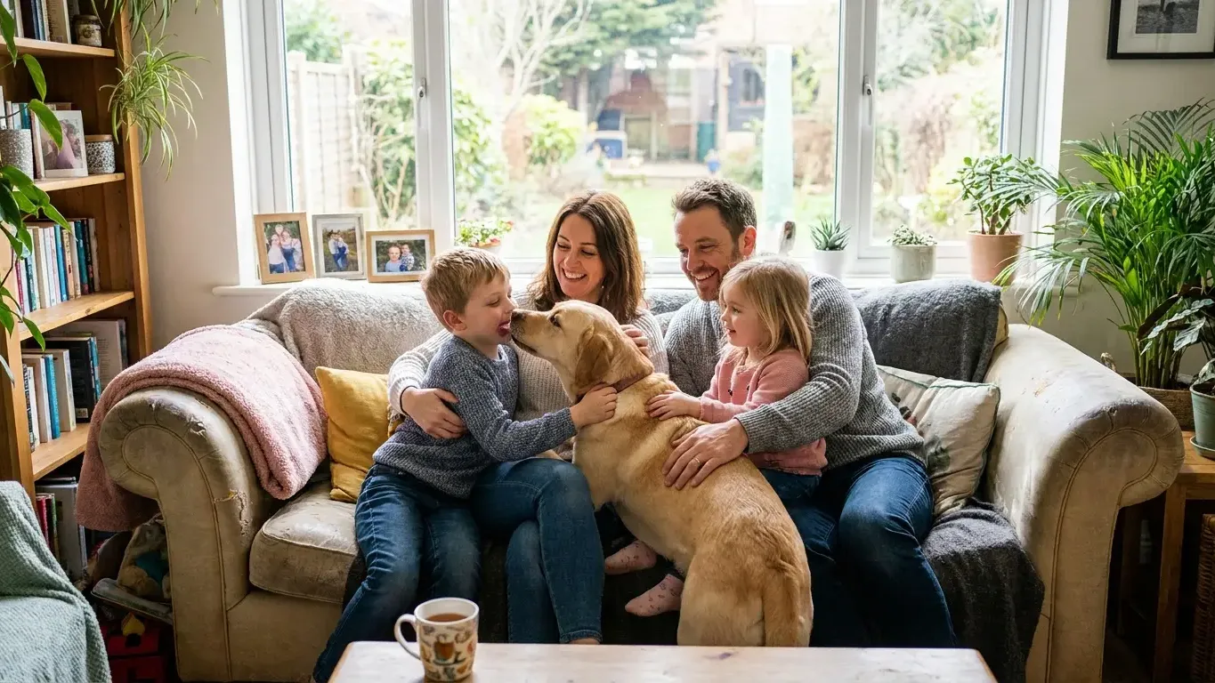 Famille heureuse avec son chien de race à la maison