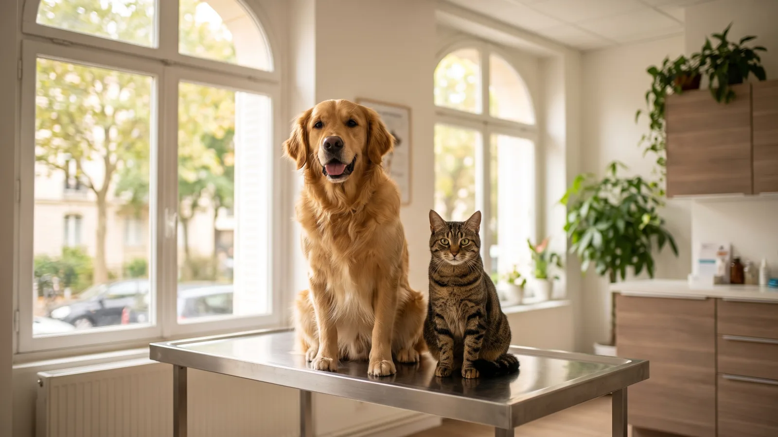 Un chien et un chat en bonne santé chez le vétérinaire, soins couverts par le forfait prévention
