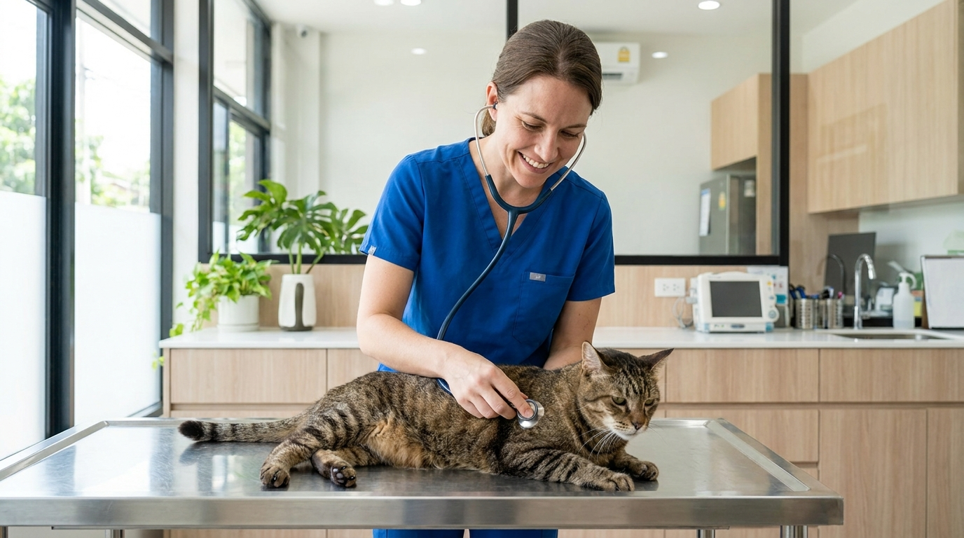 Vétérinaire examinant un chat âgé en consultation