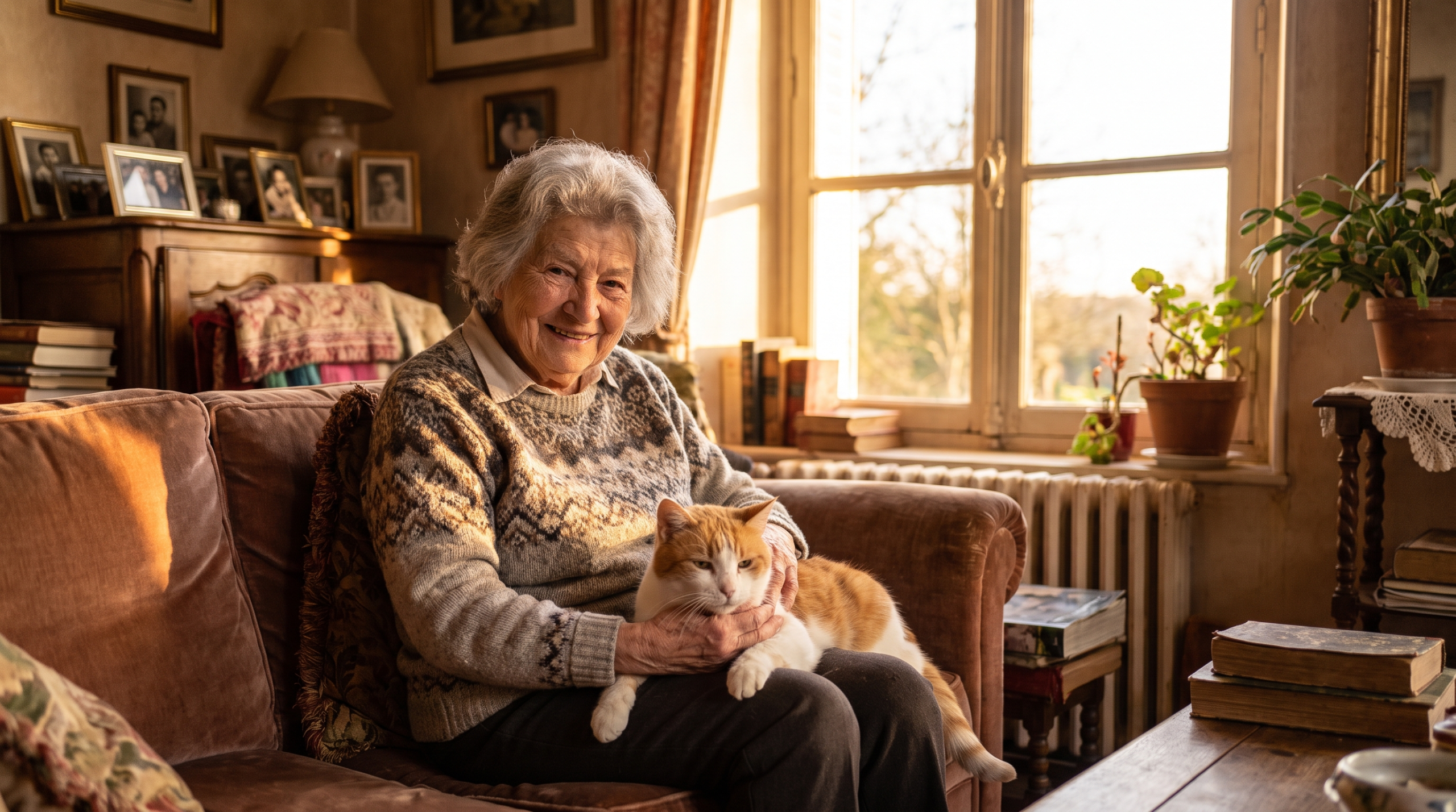 Femme senior câlinant son chat âgé sur le canapé