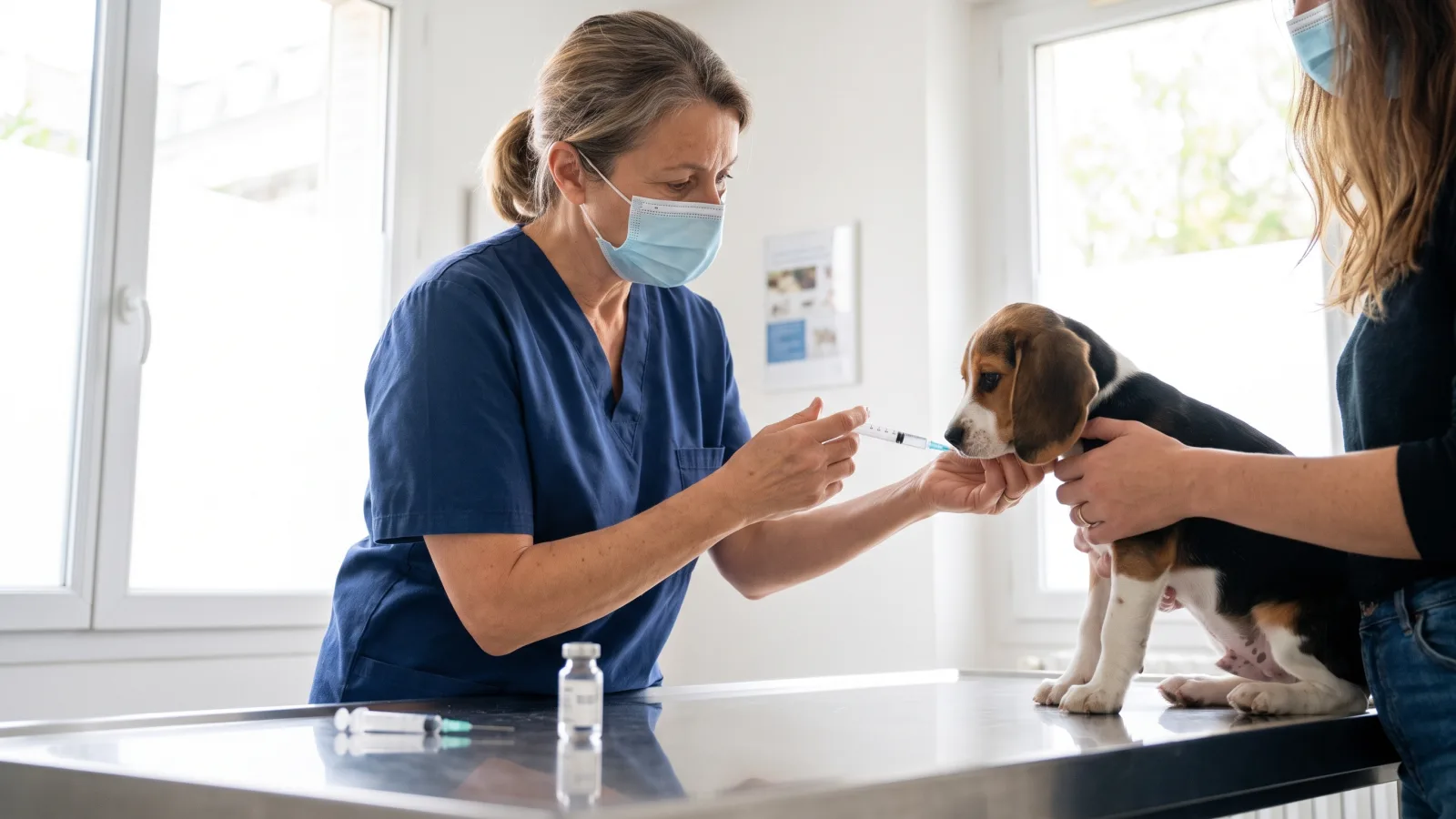 Vétérinaire vaccinant un chiot, acte pris en charge par le forfait prévention