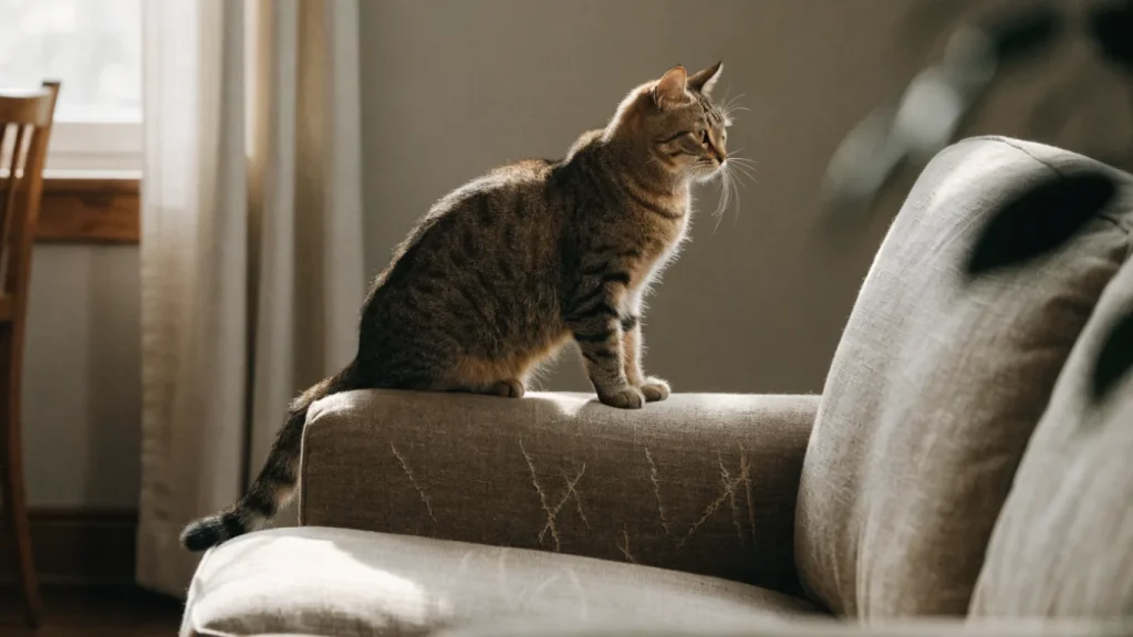 Chat perché sur l'accoudoir griffé d'un canapé en tissu