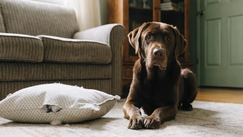 Chien assis dans un salon à côté d'un coussin éventré