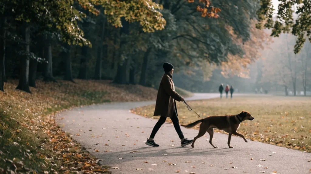 Personne promenant son chien en laisse sur une allée de parc en automne